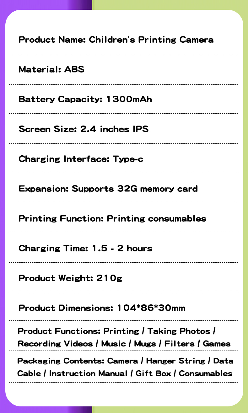 DLC Kids Instant Print Camera 4800W Dual Camera 1080P Video One Click Photo Printing Anti Glare Screen CMOS MP3 Filter