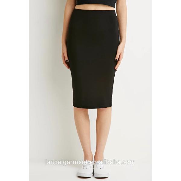 Stretch Knit Pencil Skirt Plain Black Body con Skirt For Women