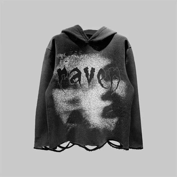 Cotton Fabric Unisex Distressed Hoodie Screen Print French Terry Pullover
