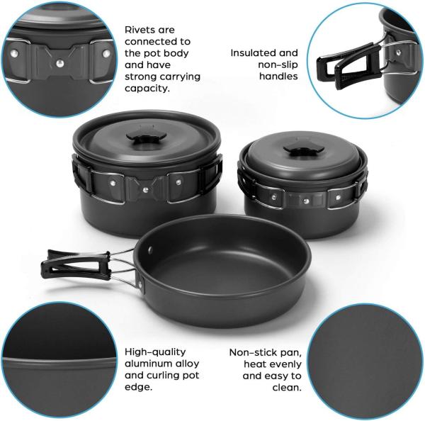 Stainless Steel Camping Outdoor Cookware Mess Kit Set, Folding Cookset Camping Teapot and Pans Set Equipment
