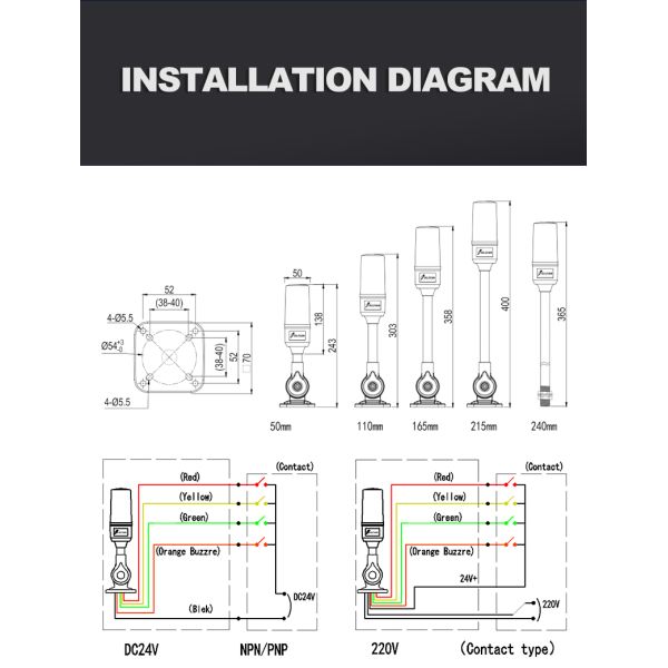 Luz indicadora de torre de material ABS DC 24V RYG con zumbador incorporado, larga vida útil de 70000 horas