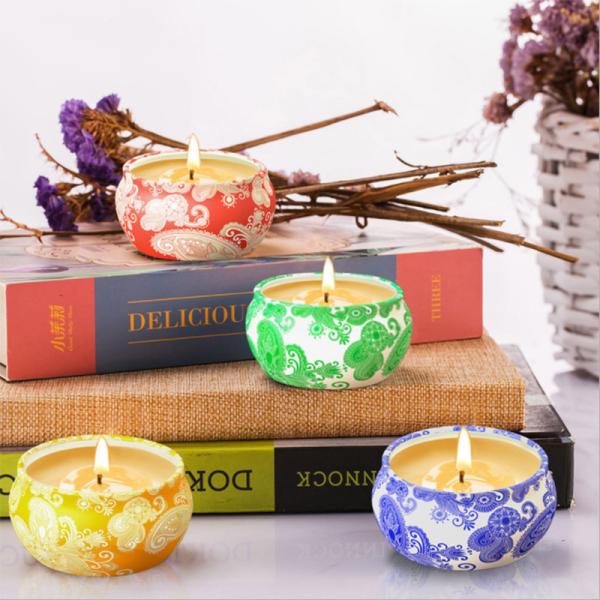 Vintage Pattern Small Scented Candles Tin Candle Jar With Soy Wax Scented Natural Plant Oil
