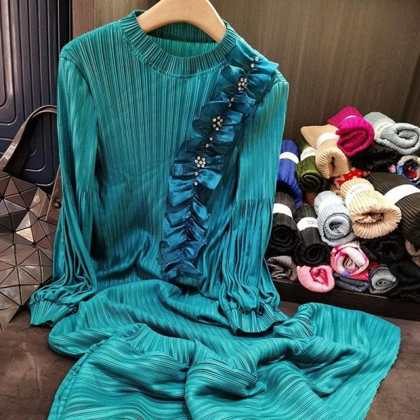 New High-End Stylish Pleated Dress with Slimming Effect Mid-Length skirt Natural Waistline Solid Color Plus Size for Spring