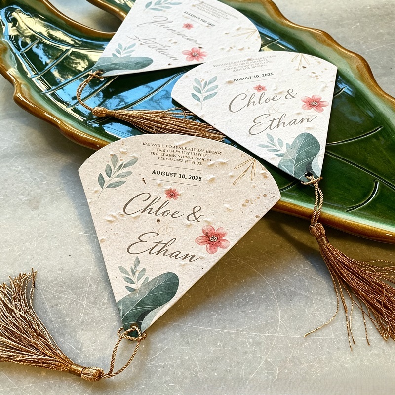 Seed Paper Wedding Fan Cards With Tassels And Plantable Wildflower Blend