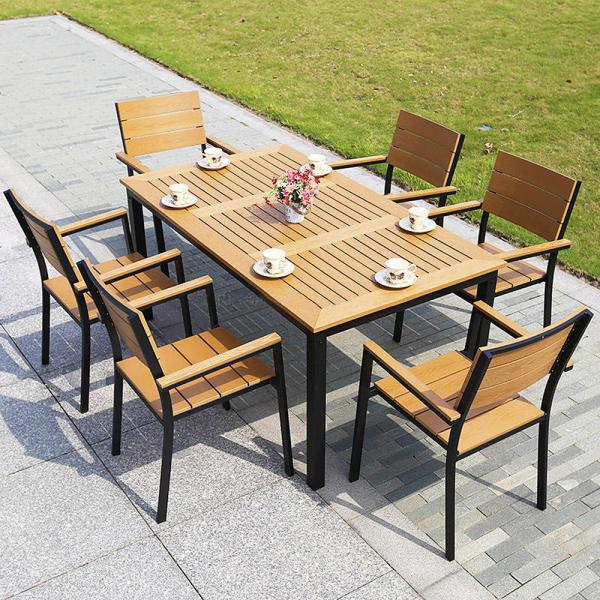 Outdoor Yard Wood Furniture in Black Aluminum Frame with Yellow Plastic Wood Table Set