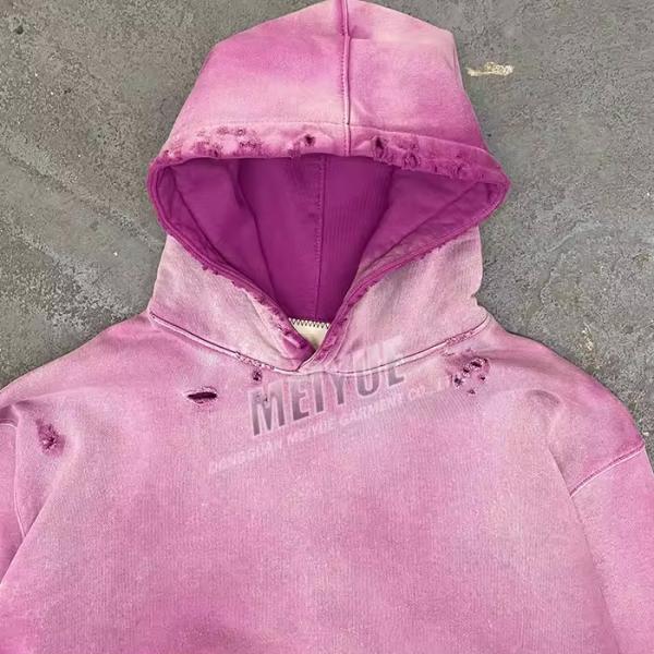 Custom Hoodie Drop Shoulder Acid Wash Vintage Distressed Embroidery Hoodie High Quality French Terry Hoodie