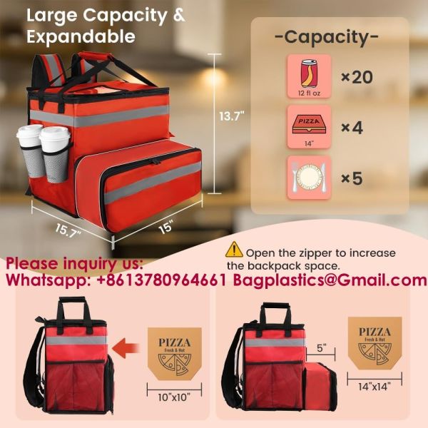 Food Delivery Backpack,Large Insulated Backpack For Doordash/Uber Eeats, Expandable Cooler Bags For Bike/Motorcycle With Reflective Strip/Cup Holders,Reusable Pizza Food Delivery Bag With Hand Straps