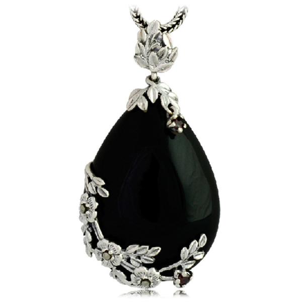 Vintage Jewelry 925 Silver Marcasite Drop Black Agate Pendant Necklace 18 Inches(LN001BLACK)