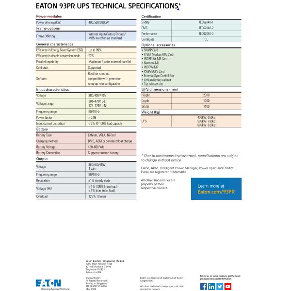 93PR Eaton Модульный UPS 250KVA 300KVA 400KVA 500KVA 600KVA 800KVA 900KVA 1000KVA 120KVA