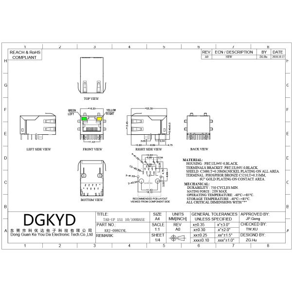 RJ45 connector socket with 100Mbps shielded light crystal head socket with 100Mbps high-speed KRJ-098GYNL