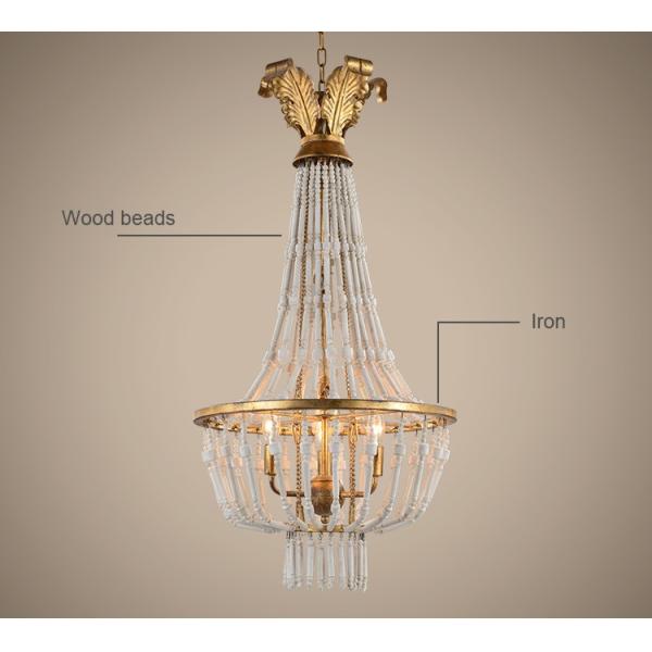 Wrought iron and wood light chandelier fixtures with Wood beads for Kitchen Dining room (WH-CI-40)
