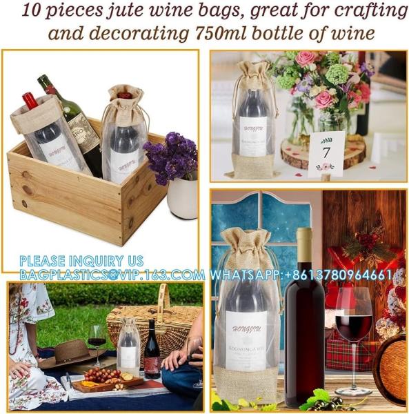 Jute Wine Bags, 10pcs Burlap Wine Bottle Gift Bags 750ml With Sheer Window Organza Hessian Drawstring Gift Bags