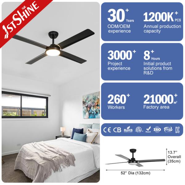 Black Remote LED 52 Inch Quiet Motor Ceiling Fans For Bedroom Living / Dining Room