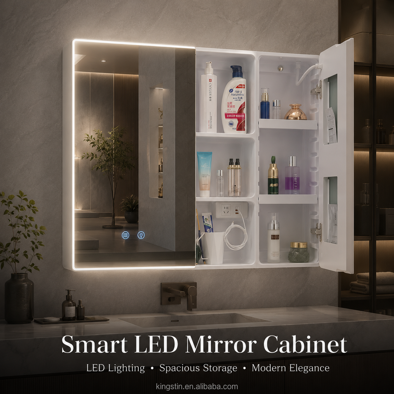 Kingstin Customizable Aluminum LED Mirror Cabinet with 3 Color Lighting and Interior Storage for Modern Bathrooms | 8+ Years