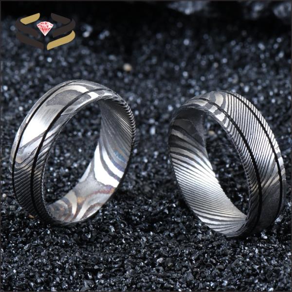 Bague Homme Noire en Acier Damas 8mm Double Rainure pour Fiançailles Mariage
