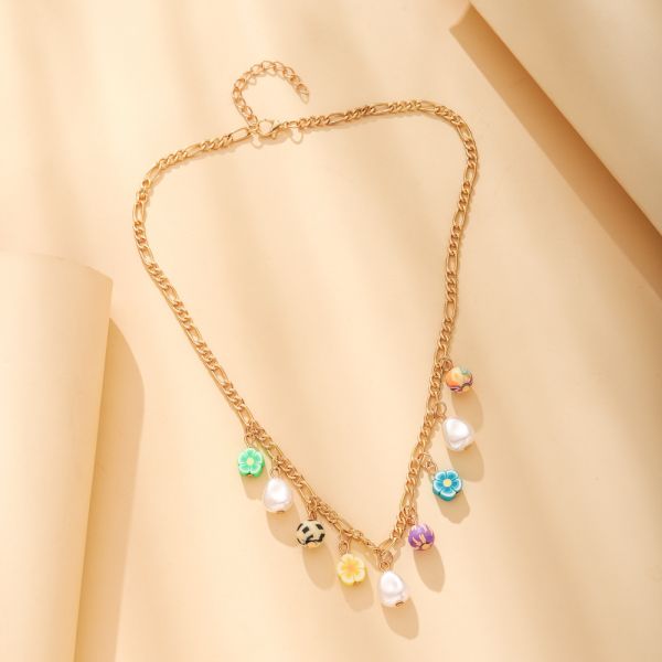 Beach Holiday Colorful Flower Pearl Collar Chain Forest Fairy Soft Pottery Small Flower Chain Necklace Pastoral Style Necklace