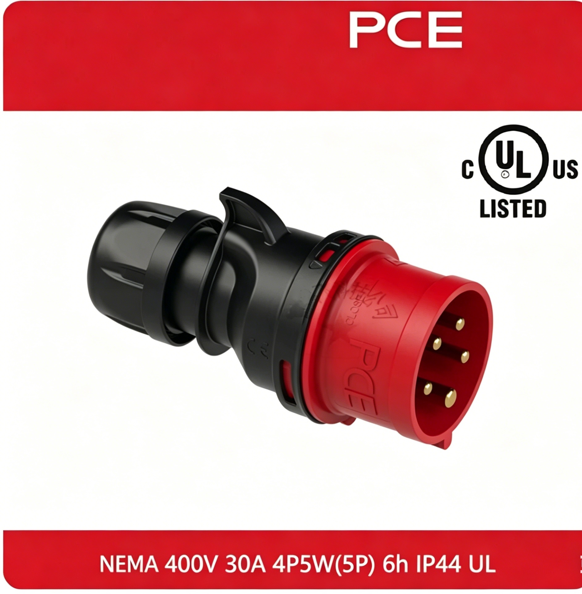 PCE Industrial Plastic Plug and Socket American Standard for Specification-415V-30A-5-Core (4P5W)-IP44-1 Outlet