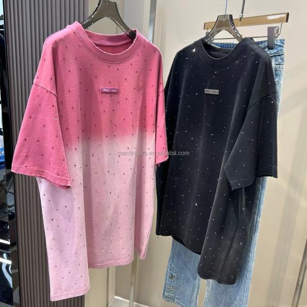 250Gsm Mens Rhinestone T Shirts Unisex Cotton T Shirt With Vintage Wash Oversized Fit In Pink Acid Wash