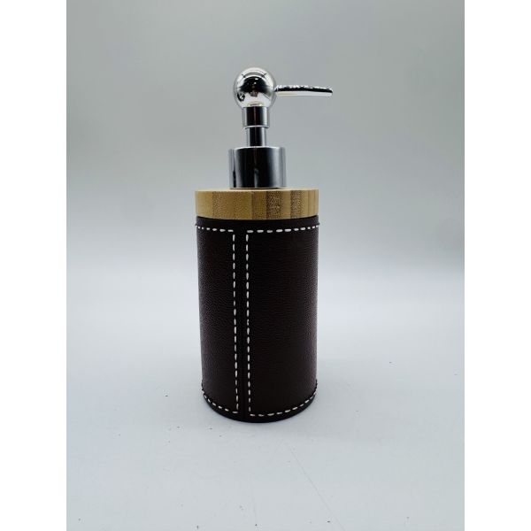 Polyresin bathroom accessories set round with leather effect and bamboo resin lotion pump bottle bath set