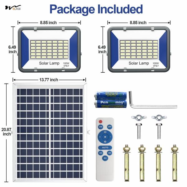 50000 Hours Working Time Solar Floodlight 100W with Remote Control LED IP67 Waterproof