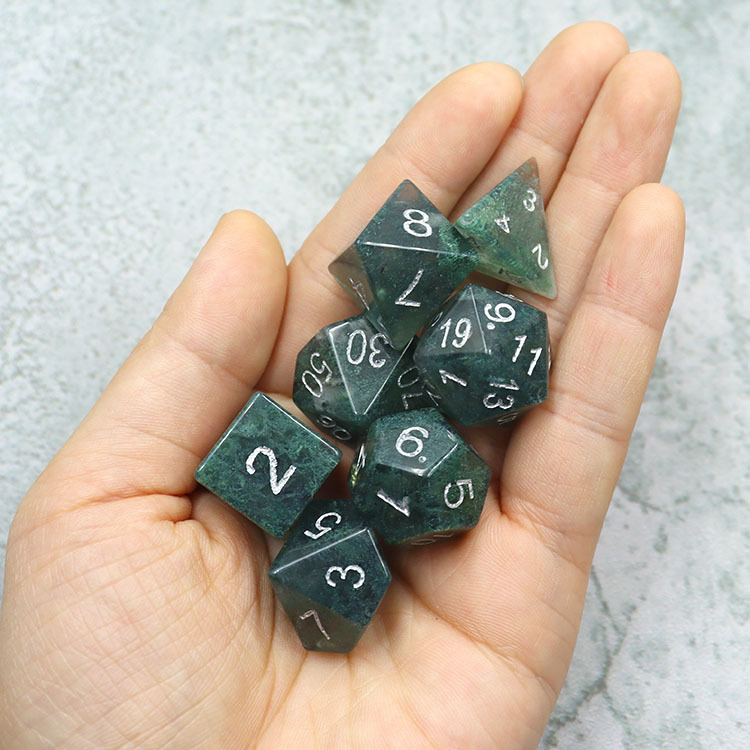 Natural Moss Agate Gemstone Polyhedral Dice Set - Hand Carved DND Dice with Silver Ink Engraved Numbers