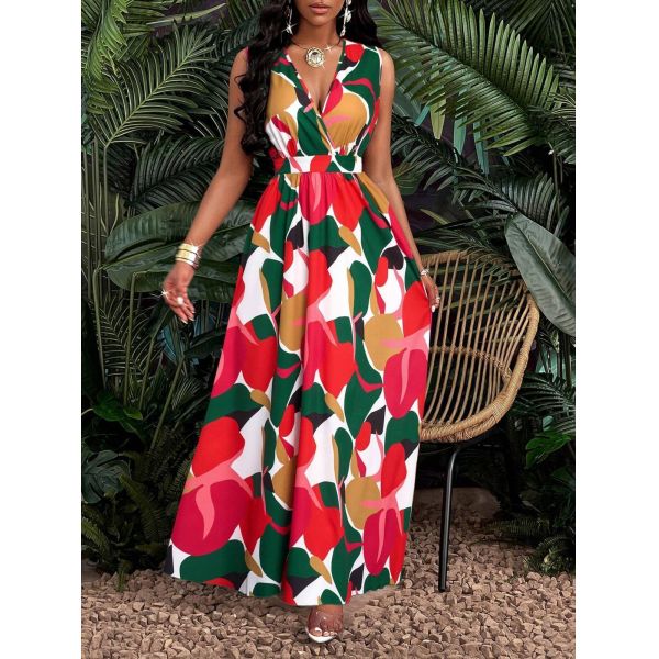 Tropical Print V-Neck Maxi Dress with Twisted Knit Waist for Women – Summer and Fall Long Dress