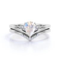 A pera natural do ouro S925 dá forma ao arco-íris Moonstone Ring Boho Wedding Set da CZ