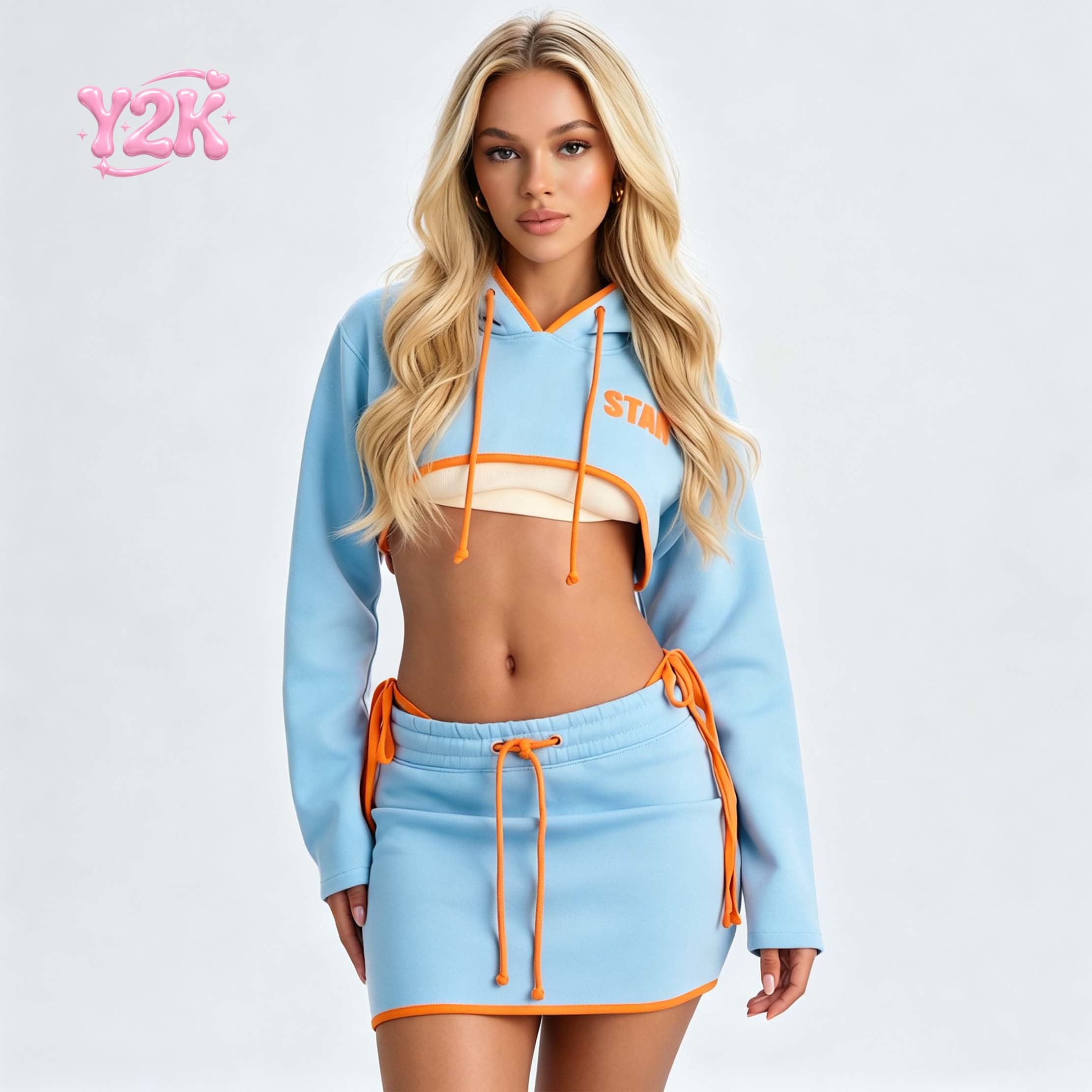 Custom Light Blue & Orange Cropped Hoodie & Mini Skirt 2pc Set