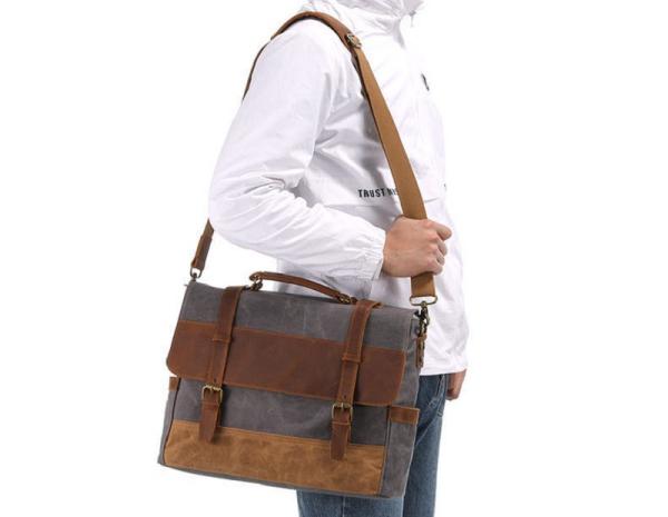Canvas Vintage Retro Mens Leather Laptop Bag 15.6 Inch
