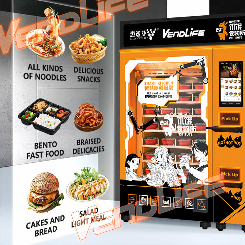 VendLife Dual Microwave Bento Vending Machine: 24/7 hot meal vending kiosk. 2x4000W, 45s, 110-168 boxes, QR & face-pay. Offices, factories. Operators, wholesalers, vending entrepreneurs.
