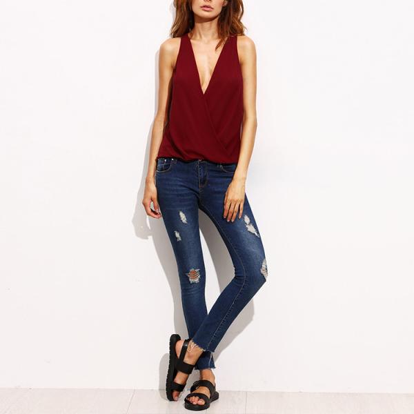 Plunging V-Neckline Cut Out Back Wrap Blouse Wholesale Chinese Clothing Manufacturers