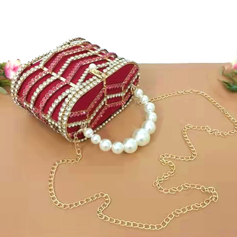 Flat Bucket Shape Pearl Hand Bags Red Fabric Inlaid Diamond OEM ODM