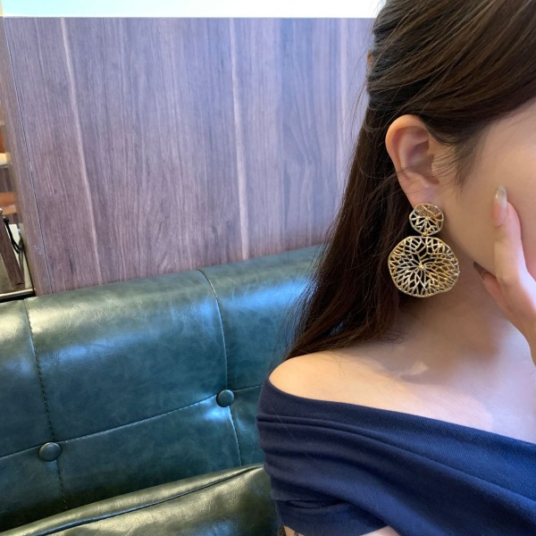 Wholesale Fashion Brass  Plated 14K Gold Statement Double Round Flower Stud Earring WaterproofVintage Jewelry Party Earrings
