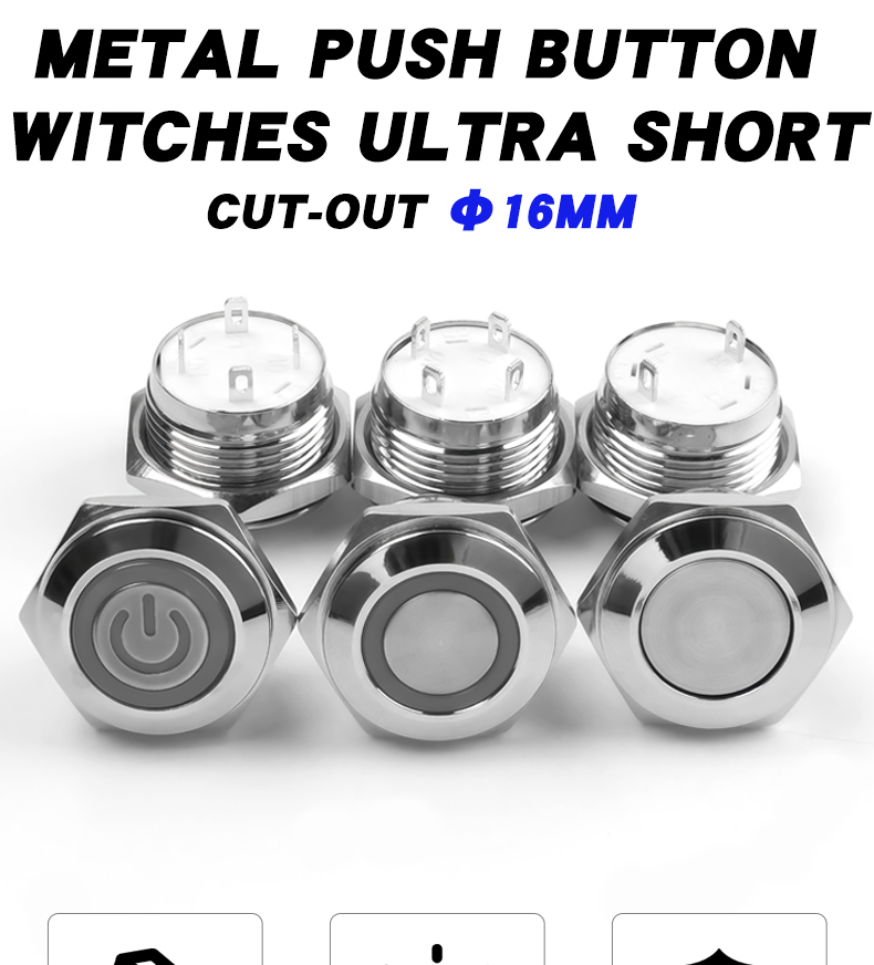 Ultra-Thin 16mm Self-reset Micro-stroke Ultra-short IP65 Waterproof 1NO Silver Contacts Copper Nickel Plated Push Button Switch