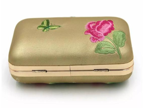 Gold PU Leather Embroidered Evening Bag Crossbody Multi Flower For Women