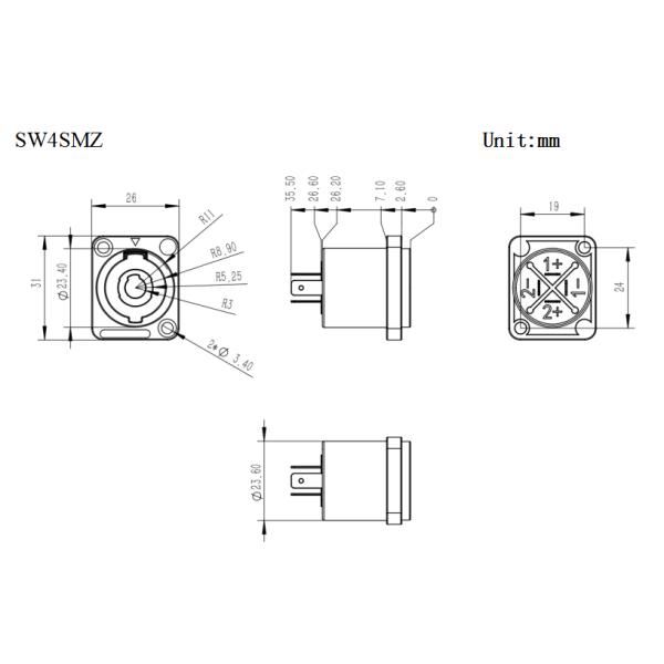 Customized 4-Pin Male Chassis Loudspeakers Connector with 30A Rated Current and Rectangle Shape