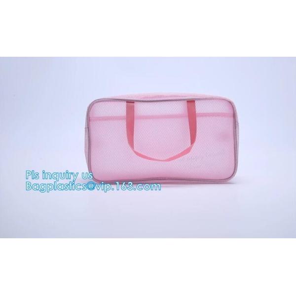 Embroidery Logo black nylon mesh cosmetic bag with zipper, mesh net zipper cosmetic makeup bag with custom logo, Women M