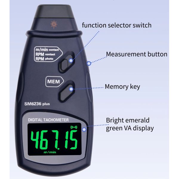 Sm6236 Plus Photoelectric Contact Digital Tachometer 2 in 1 Rpm Speed Tester