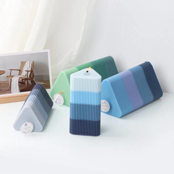 Custom Blue Craft Candle Triangular Striped Colored Pillar Candle Home Decor Art Candles