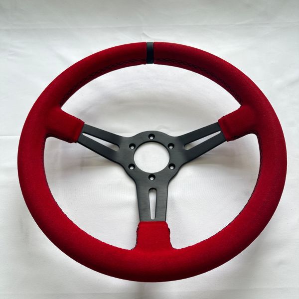 DELUXON Universal Red  Suede Racing Steering Wheels 350mm/70 MM Dish 6 Bolt With Black Stitching Black Spoke 