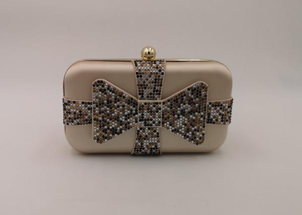 Crystal Bow Satin Box Clutch Bag , Hardcase Metal Patent Clutch Bag