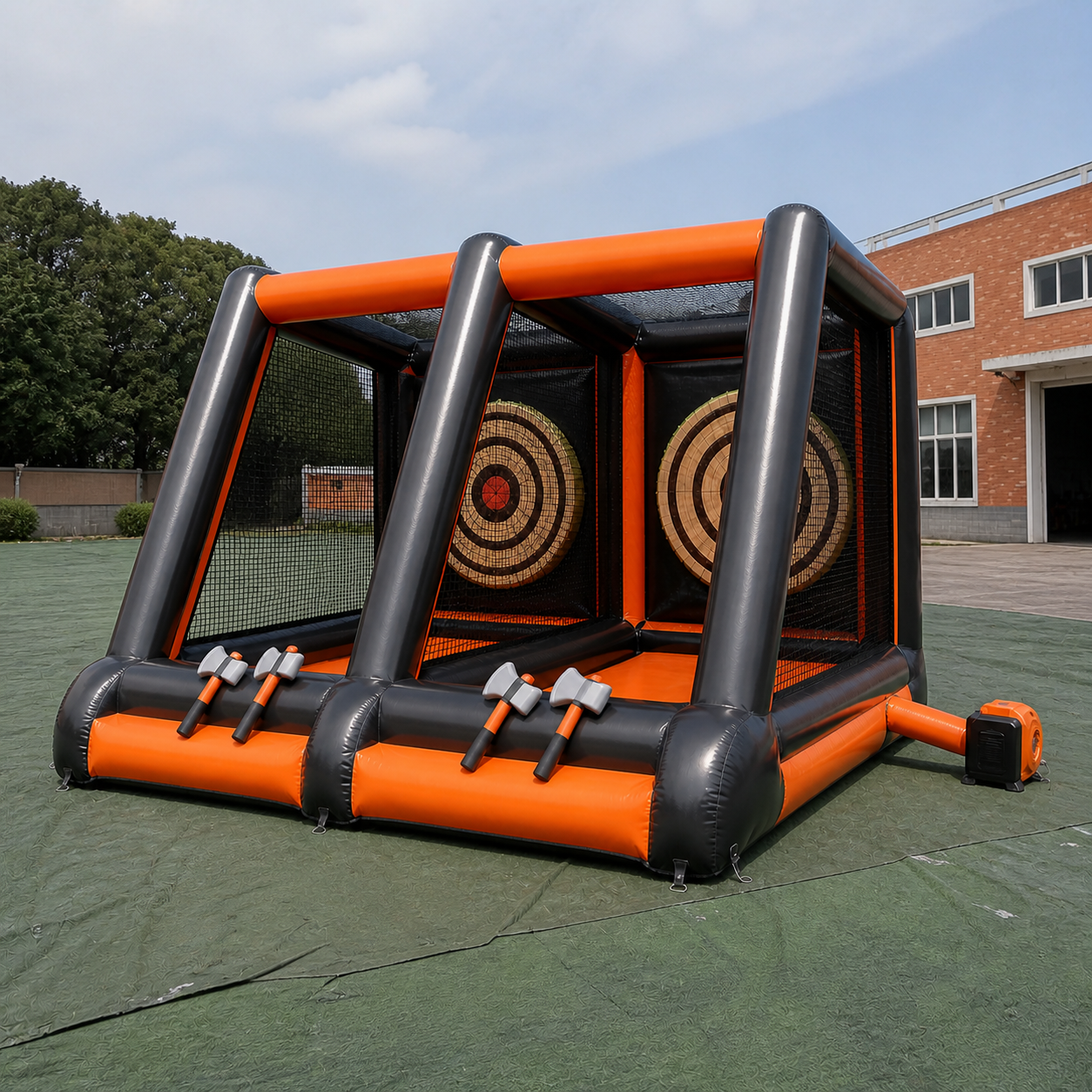 Commercial Inflatable Axe Throwing Game with Triple Target Lanes Soft Axes and Reinforced Safety Frame
