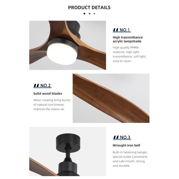 Indoor Remote Control 1500LM Solid Wood Ceiling Fan Light 120V 3000-5000K