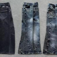 Jean en denim de haute qualité, lavage, strass, patch brodé, style déchiré, streetwear, jambe large, évasé, jean en denim empilé