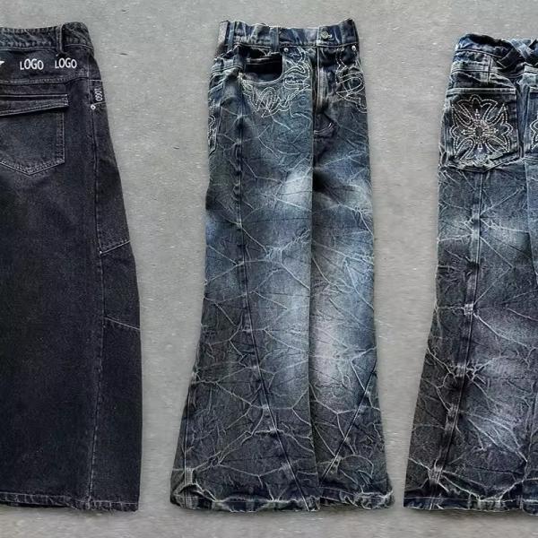 High Quality Denim Jeans Pants Wash Rhinestone Embroidered Patch Ripped Style Streetwear Wide Leg Flared Stacked Denim Jeans