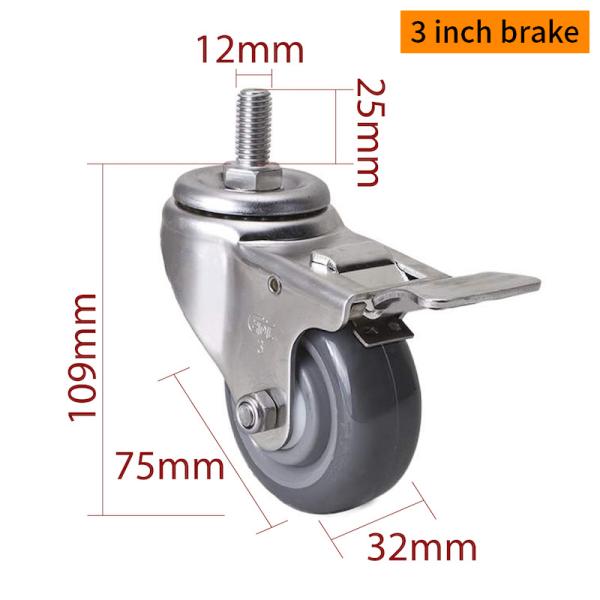 EDL 3Inch Stainless Steel Caster Loading 150Kg with TPU Wheel  Threaded Swivel/Brake S543S-75