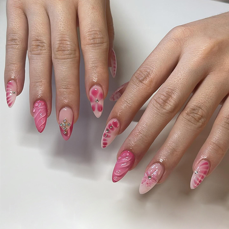 24pcs 3D Effect Rhinestone Press On Nails Almond Flower False Nails