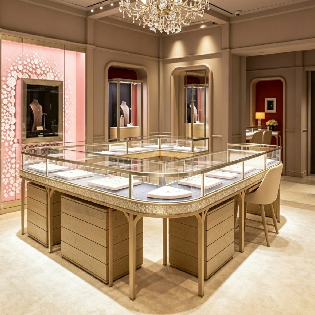 Luxury Champagne Gold LED Eco-Friendly Jewelry Store Interior Design Complete Turnkey Fixture Package U-Shaped Central Showcase