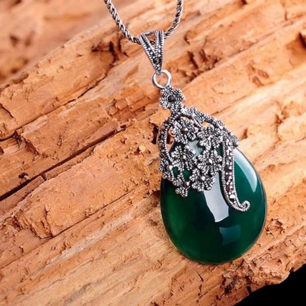 Thai 925 Silver Pendant Necklace Green Agate and Marcasite(JX467GREEN)