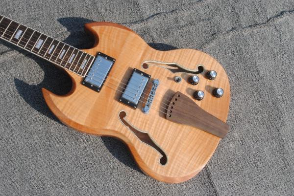 High quality custom 6 string electric guitar, flame maple veneer, wood color body, double F hole half hollow body, rosew
